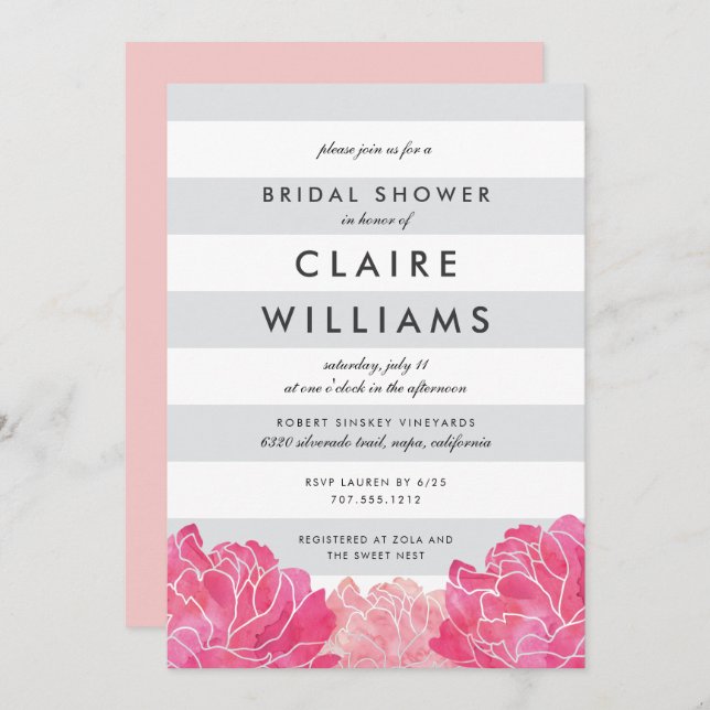 Grey Stripe & Pink Peony Bridal Shower Invitation (Front/Back)