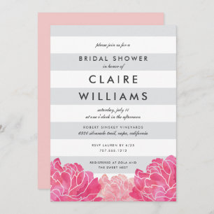 Grey Stripe & Pink Peony Bridal Shower Invitation