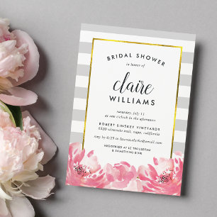 Grey Stripe & Pink Peony Bridal Shower Invitation