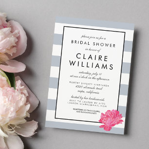 Grey Stripe & Pink Peony Bridal Shower Invitation