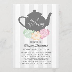 Grey Stripe & Teapot High Tea Invitation