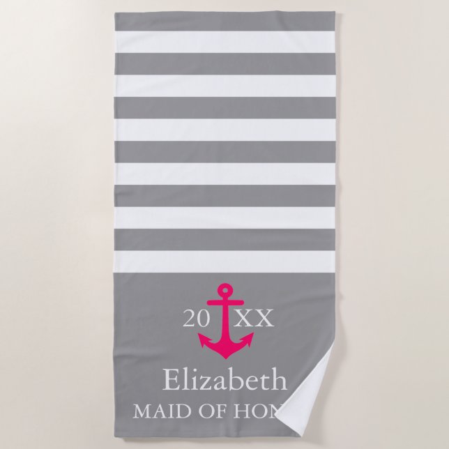 Grey Stripe Wedding Party Nautical Beach Towel (Front)