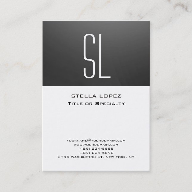 Grey Stripe White Monogram Modern Chubby Size Business Card (Front)