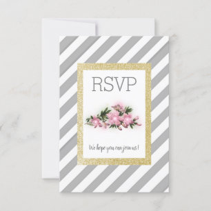 Grey stripe with gold glitter floral rsvp card new