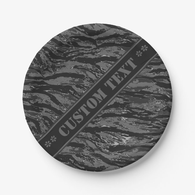 Grey Striped Camo w/ Custom Text Paper Plate (Front)