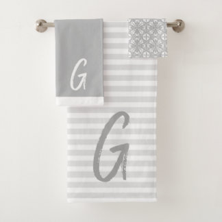 Grey Stripes and Monogram Bath Towel Set
