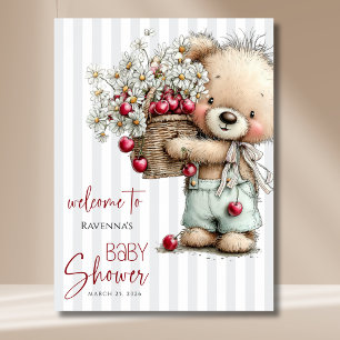 Grey Stripes Bear Daisy Cherry Baby Shower Welcome Poster