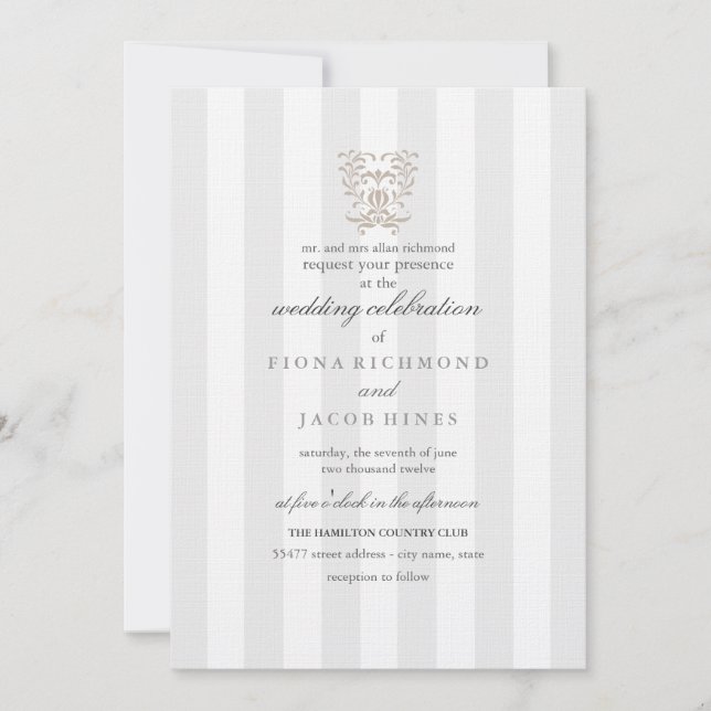 Grey Stripes & Brown Damask Wedding Invitation (Front)