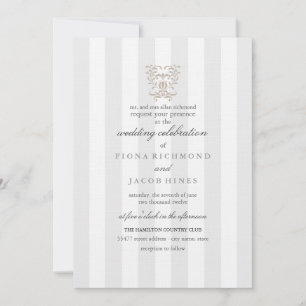 Grey Stripes & Brown Damask Wedding Invitation