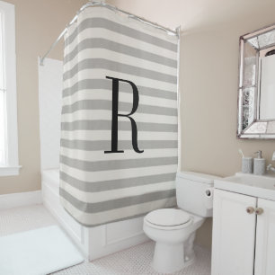 Grey Stripes Large Monogram   Farmhouse Bathroom Shower Curtain
