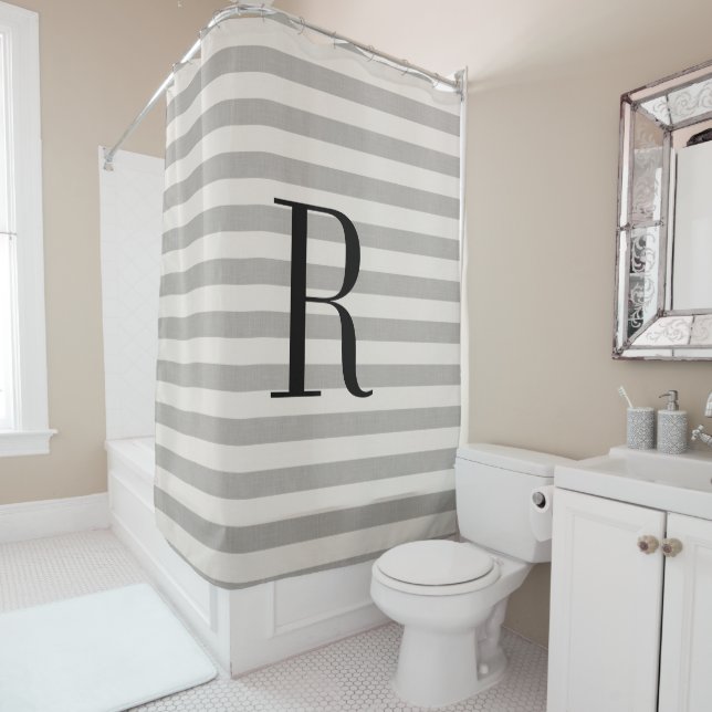 Grey Stripes Large Monogram | Farmhouse Bathroom Shower Curtain (In Situ)