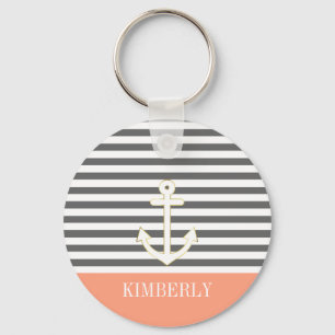 Grey Stripes Nautical Anchor Coral Monogram Key Ring