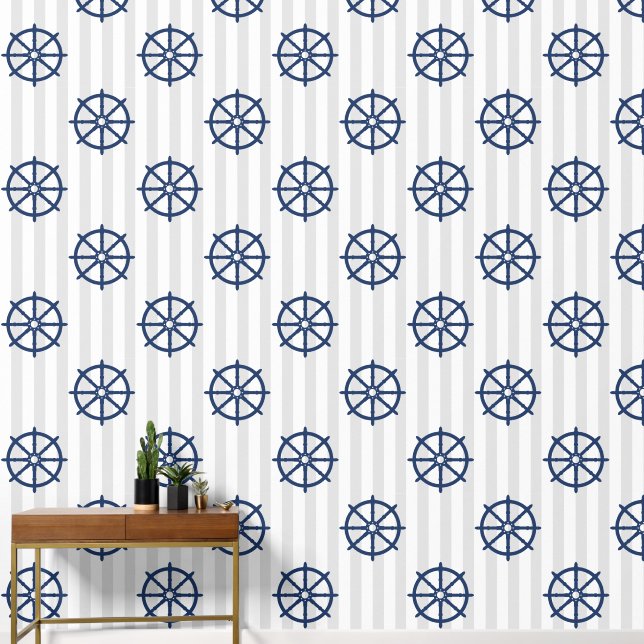 Grey Stripes Nautical Coastal Navy Ship Wheel Helm Wallpaper (Hallway)