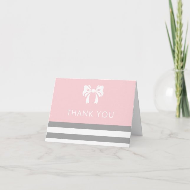 Grey Stripes with White Bow Baby Shower Thank You Card (Front)