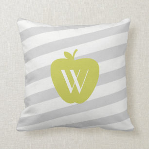 Grey Stripes Yellow Apple Monogram Teacher Pillow