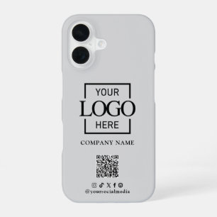 Grey Stylish Minimalist Business Logo & QR Code iPhone 16 Case