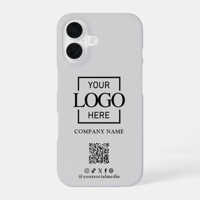Grey Stylish Minimalist Business Logo & QR Code iPhone 16 Case (Back)