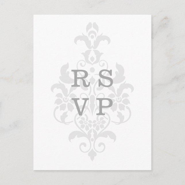 Grey Subtle Damask Wedding RSVP Postcard (Front)