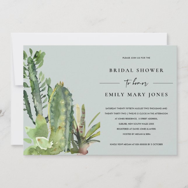 GREY SUCCULENT DESERT CACTI FAUNA BRIDAL SHOWER INVITATION (Front)