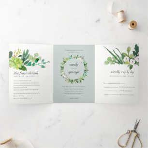 GREY SUCCULENT WREATH FOLIAGE WATERCOLOR WEDDING Tri-Fold INVITATION