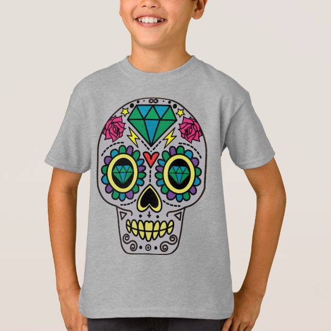 Grey Sugar Skull Art, Day of the Dead T-Shirt (Front)
