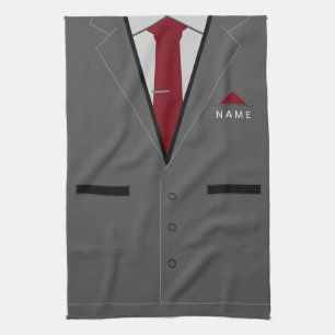 Grey Suit With Red Necktie - Add Name - Funny Tea Towel