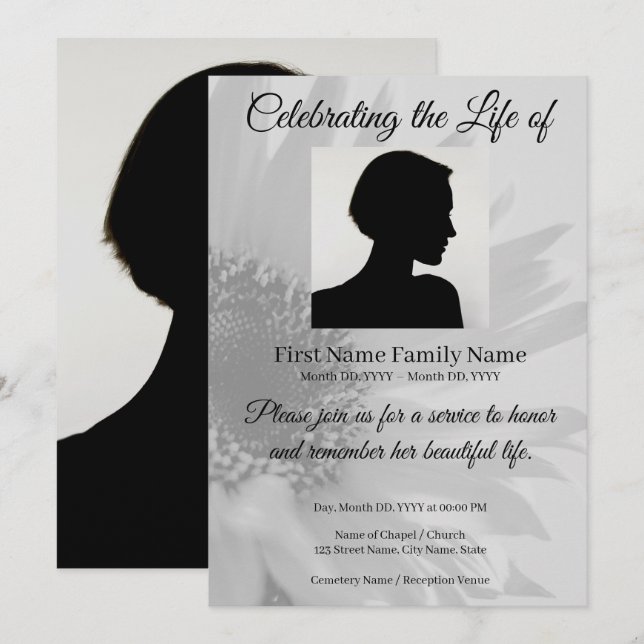 Grey sunflower memorial invitation (Front/Back)