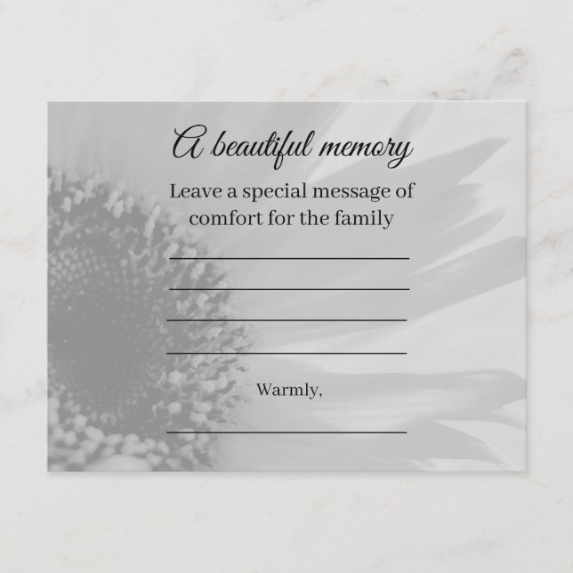 Grey sunflower Memorial Message Card (Front)