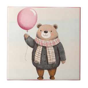 Grey Sweater Bear with Pink Plaid Scarf Tile