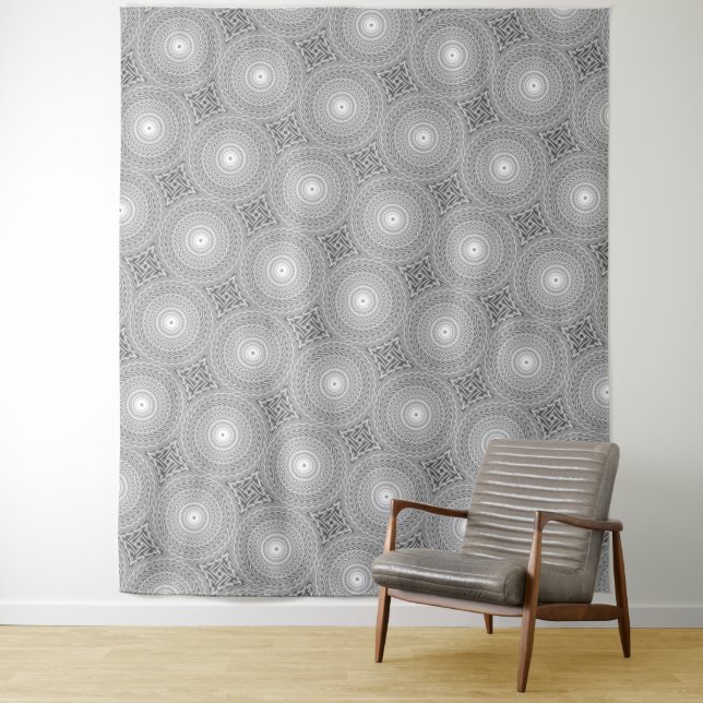 Grey swirl circles pattern tapestry (In Situ)
