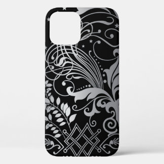Grey Swirling Damask Pattern on Black iPhone 12 Case