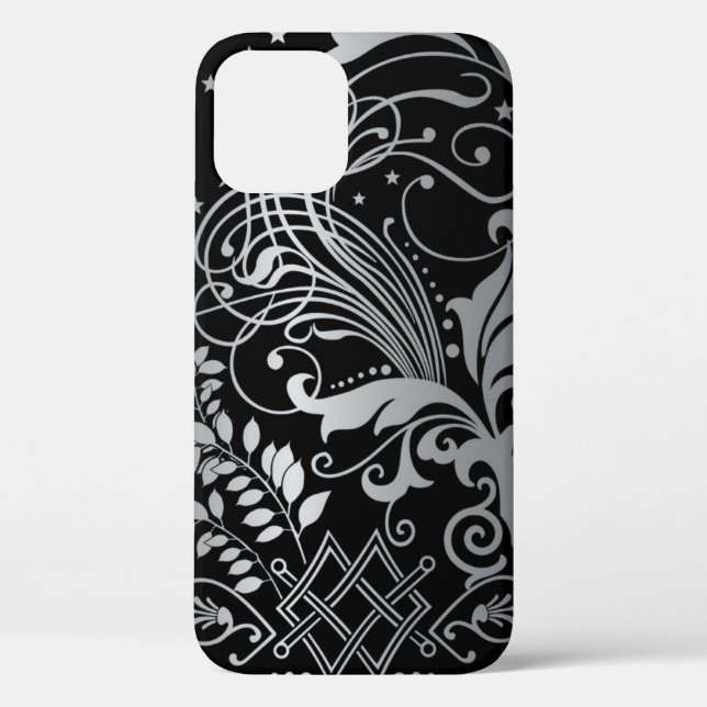 Grey Swirling Damask Pattern on Black Case-Mate iPhone Case (Back)