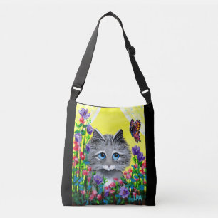 Grey Tabby Butterflies Flowers Crossbody Bag