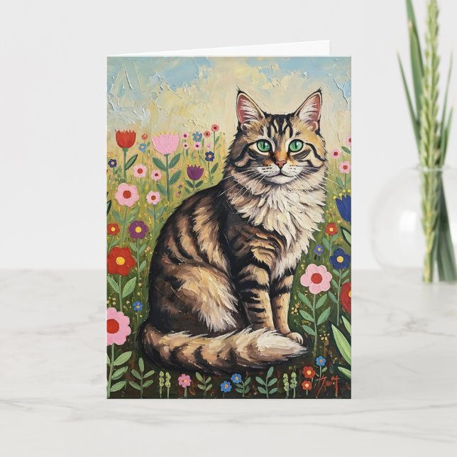 Grey Tabby Cat and Folk Art Flowers Birthday Card (Front)