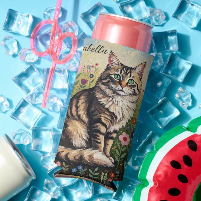 Grey Tabby Cat and Folk Art Flowers  Seltzer Can Cooler (In Situ Summer)