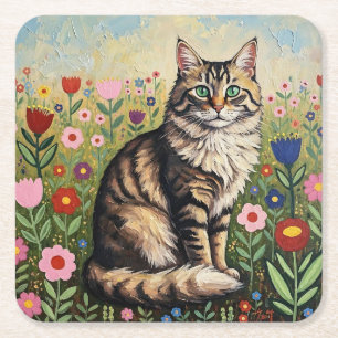 Grey Tabby Cat and Folk Art Flowers Square Paper Coaster