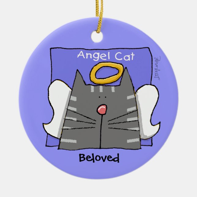 Grey Tabby Cat Angel Personalise Ceramic Tree Decoration (Front)