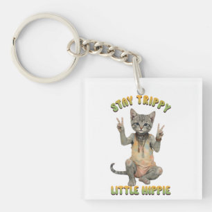 Grey Tabby Cat Boho Stay Trippy Little Hippie Key Ring