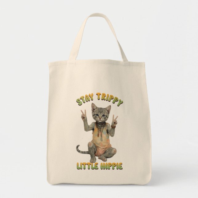 Grey Tabby Cat Boho Stay Trippy Little Hippie  Tote Bag (Front)