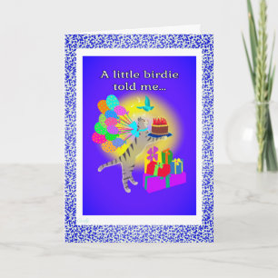 Grey Tabby Cat brings a Birthday Cake! Card