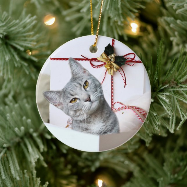 Grey Tabby Cat Christmas Ceramic Tree Decoration (Tree)
