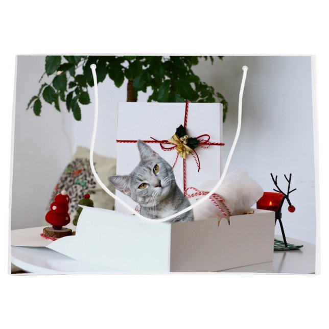 Grey tabby cat Christmas Large Gift Bag (Front)
