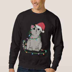 Grey Tabby Cat Christmas lights funny cat lover xm Sweatshirt