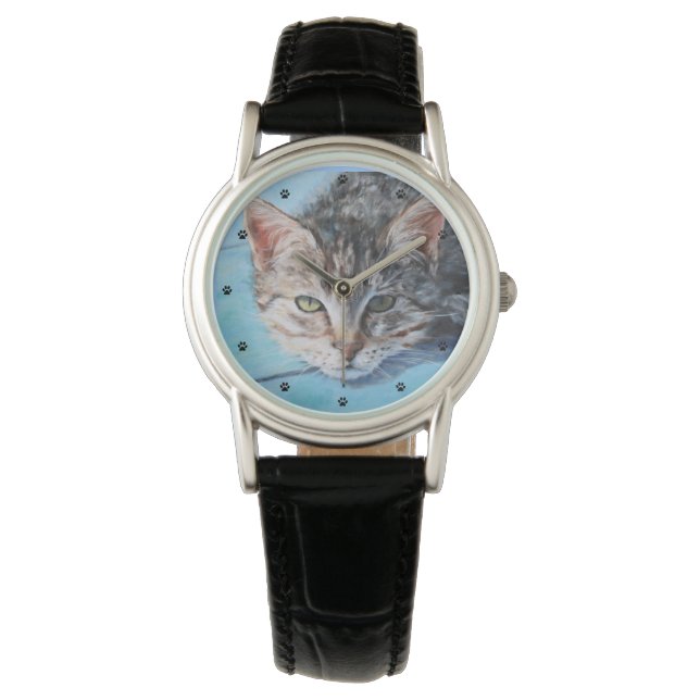 Grey Tabby Cat Fine Art Painting Watch (Front)