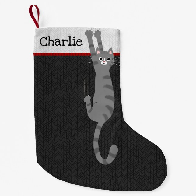 Grey Tabby Cat Hanging On | Funny Cat Holiday Small Christmas Stocking (Front)