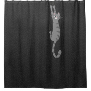 Grey Tabby Cat Hanging On   Funny Grey Striped Cat Shower Curtain