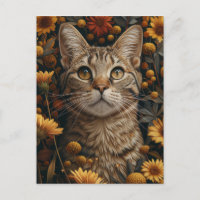 Grey Tabby Cat in Fall Flowers Garden