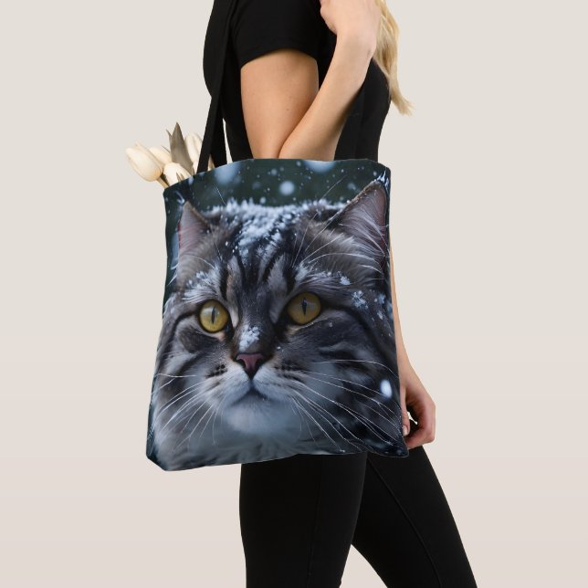 Grey Tabby Cat in Snow Winter Cat Lover Gift Tote Bag (Close Up)