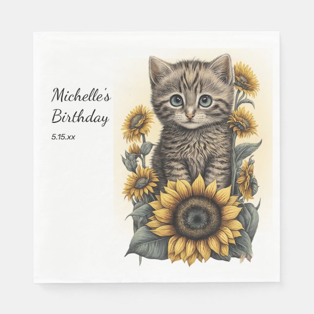 Grey Tabby Cat Kitten Sunflowers Birthday  Napkin (Front)