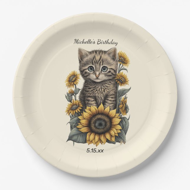 Grey Tabby Cat Kitten Sunflowers Birthday  Paper Plate (Front)